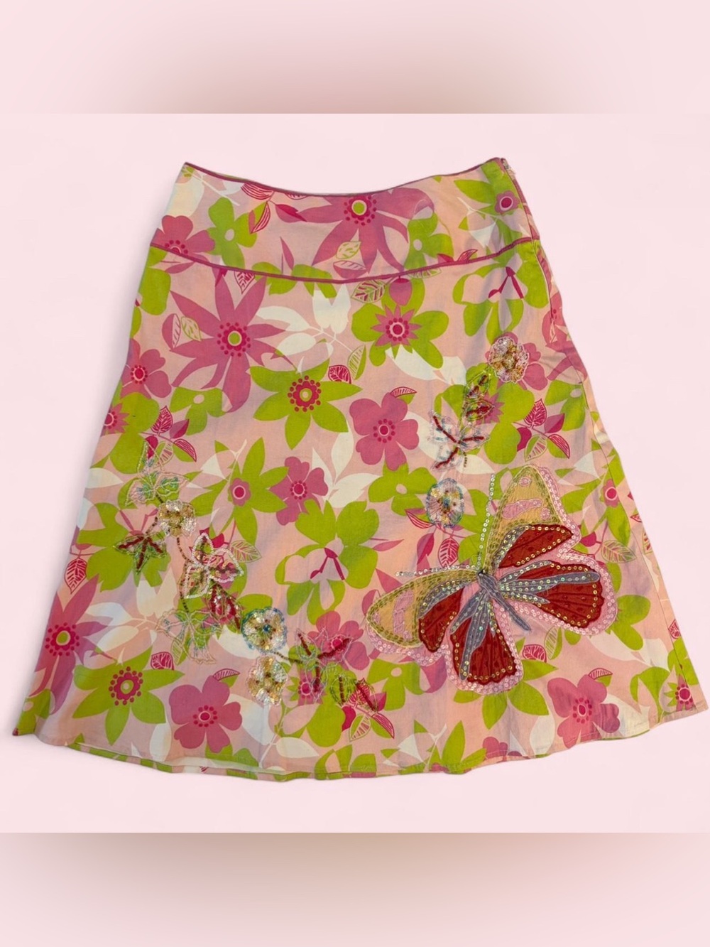 Persaman New York Pink and Green Floral A-Line Skirt with Butterfly Detail